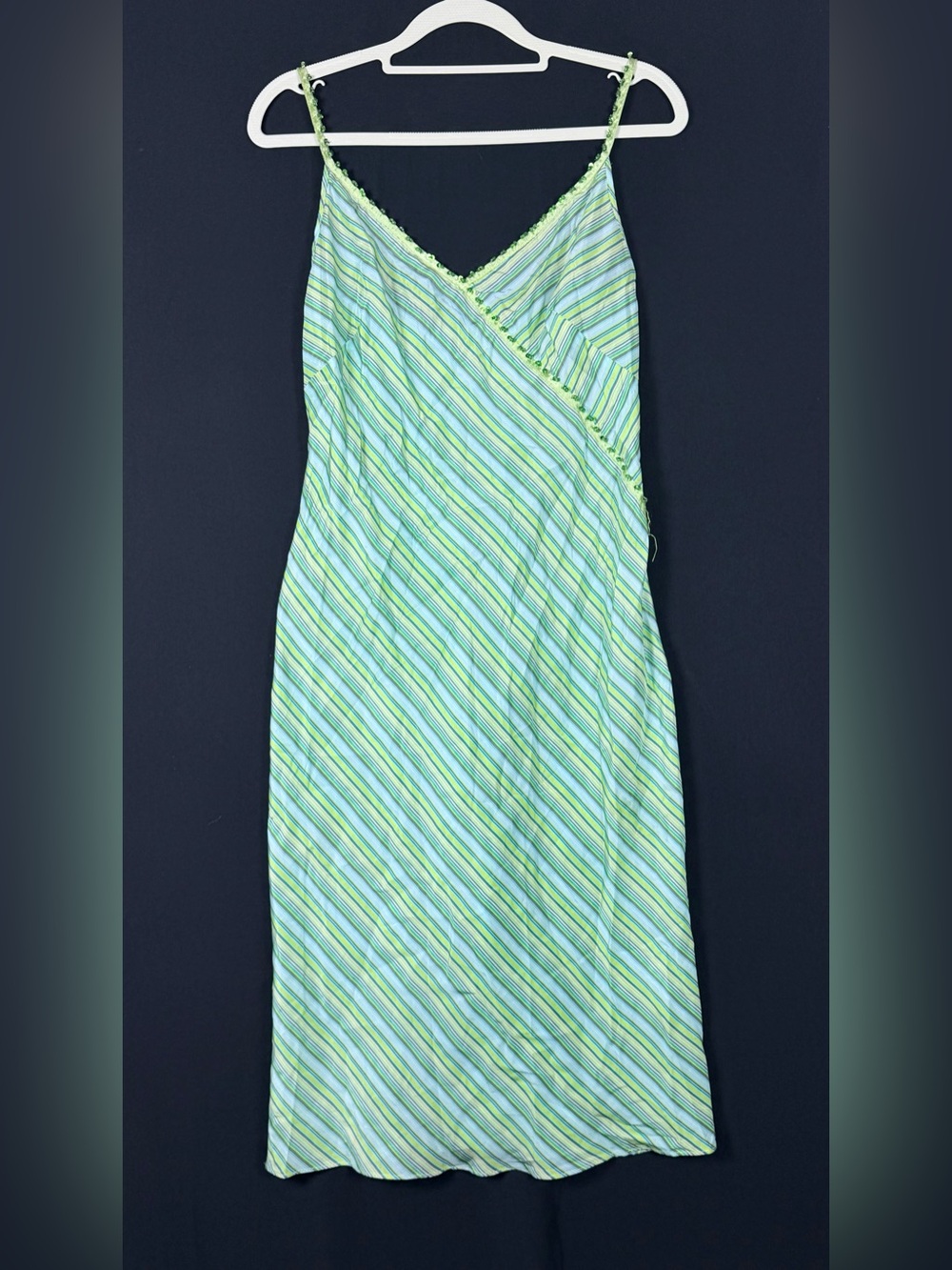 Y2K 90’s Silk Striped Midi Slip Dress - Green blue Lightweight Summer Style Bead